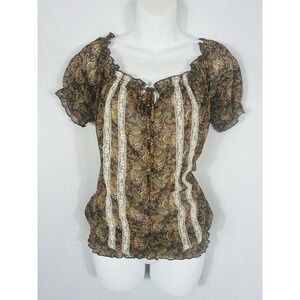 Vintage Maurices Sheer Smocked Top Size M Crochet Y2K Brown Boho Forest Fairy‎